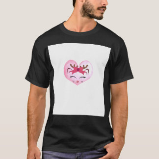 Cute Girl Reindeer Face On Pink Heart Background T-Shirt