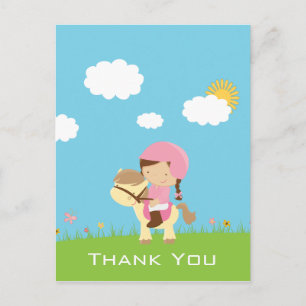 Cute girl riding a horse thank you postcard