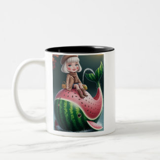 Cute Girl Riding a Watermelon Whale Two-Tone Coffee Mug