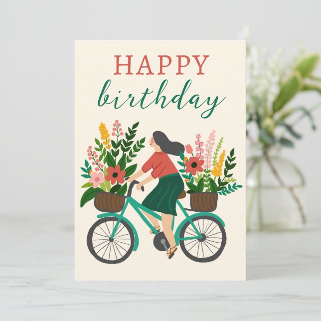 Cute Girl Riding Bicycle w Flowers Happy Birthday (Standing Front)