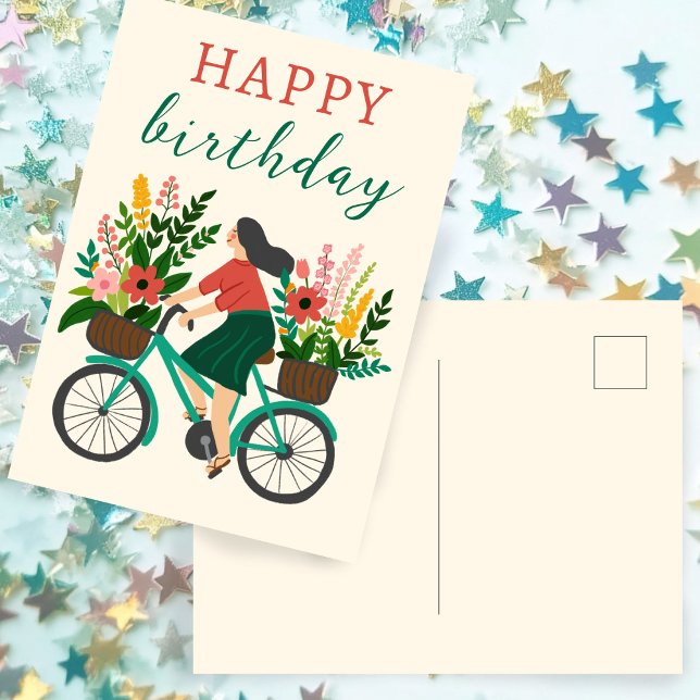 Cute Girl Riding Bicycle w Flowers Happy Birthday Postcard (Cute Girl Riding Bicycle w Flowers Happy Birthday Postcard
)
