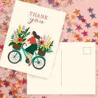 Cute Girl Riding Bicycle w Flowers THANK YOU