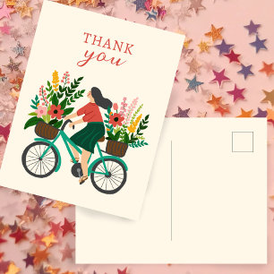 Cute Girl Riding Bicycle w Flowers THANK YOU Postcard