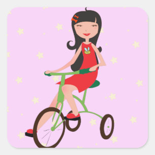 Cute Girl Riding Tricycle Cartoon Square Sticker