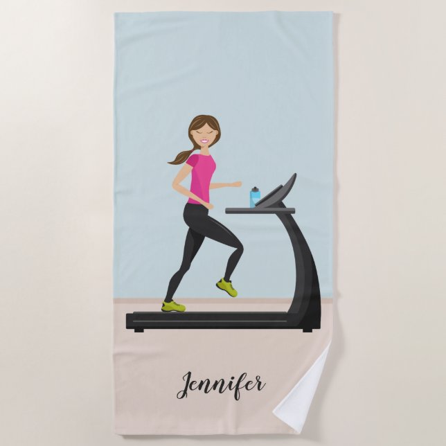 Cute Girl Running And Custom Name Fitness Beach Towel (Front)