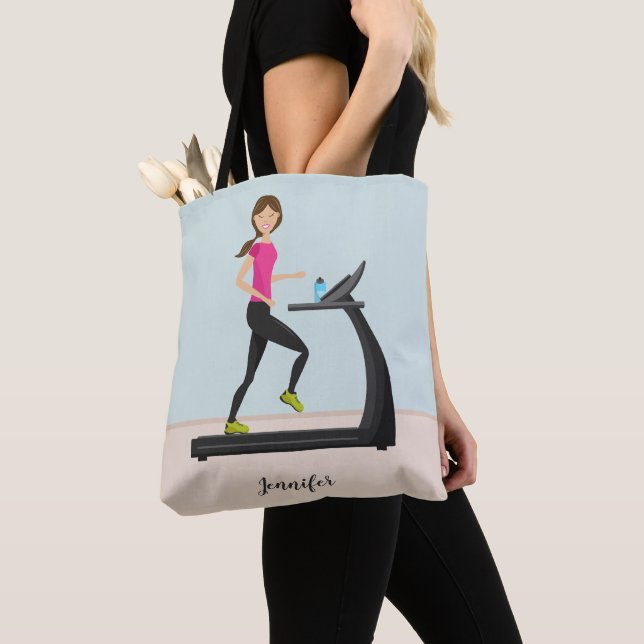 Cute Girl Running / Jogging Illustration & Name Tote Bag (Close Up)
