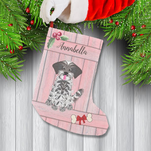 Cute Girl Shih Tzu Pink Wooden Fence Monogram Small Christmas Stocking