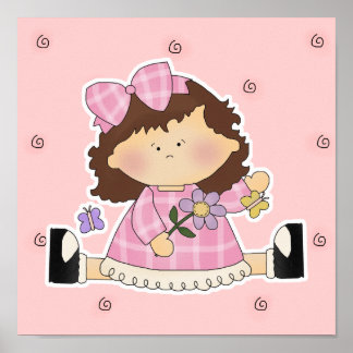 Cute Girl Sitting with Flower and Butterflies Poster