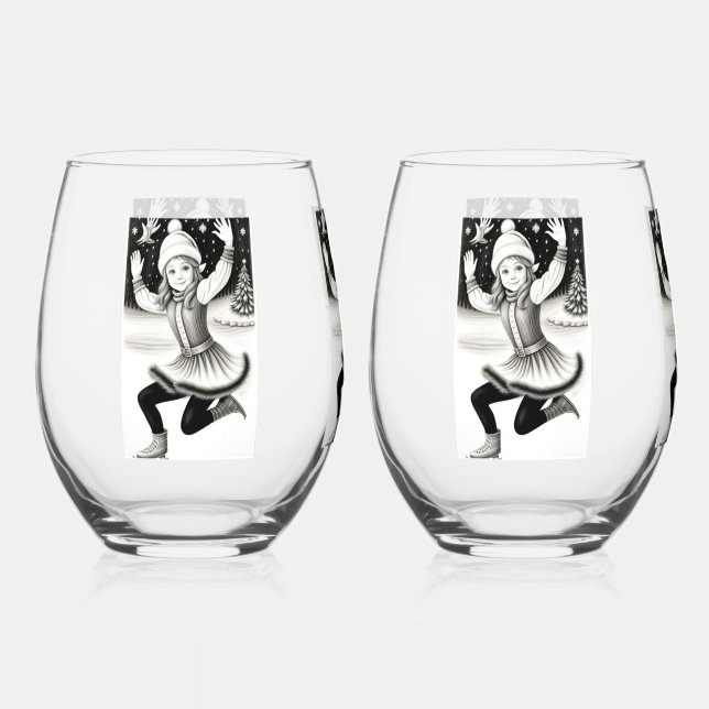 Cute Girl Skating  Drinkware Set Stemless Wine Glass (Front)