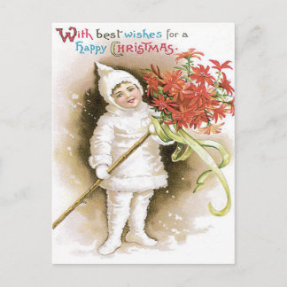 Cute Girl Snow Poinsettia Yellow Ribbon Postcard