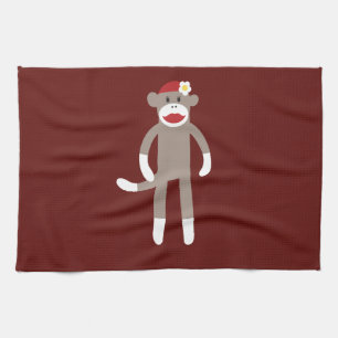 Cute Girl Sock Monkey on Red Tea Towel