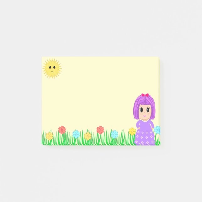 Cute Girl, Sun, Flowers & Grass Post-it Notes (Front)