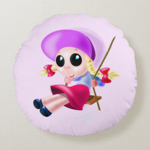 Cute Girl Swinging Round Pillow
