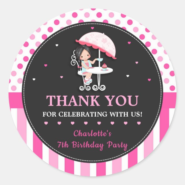 Cute Girl Tea Party Birthday Pink Thank You Favour Classic Round Sticker (Front)