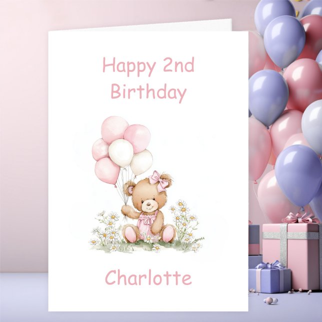 Cute Girl Teddy Bear 2nd Birthday Card (Creator Uploaded)
