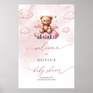 Cute girl teddy bear over the cloud welcome poster