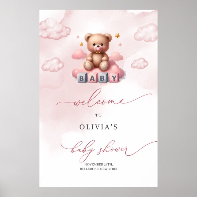 Cute girl teddy bear over the cloud welcome poster (Front)