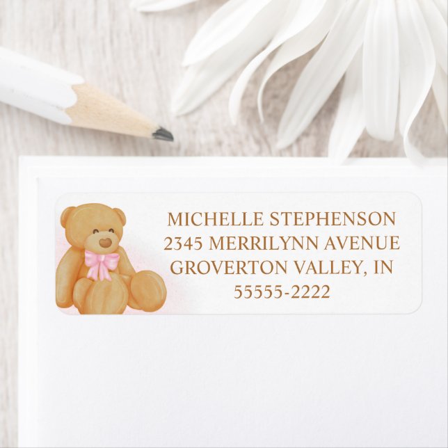 Cute Girl Teddy Bear Pink Bow Label (Insitu)