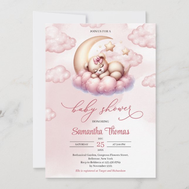 Cute girl teddy bear sleeping over the moon  invitation (Front)