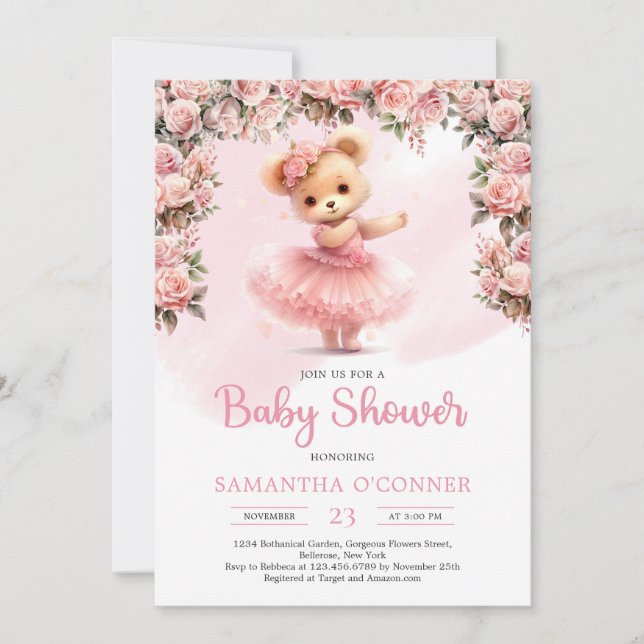 Cute girl teddy bear tutu ballerina blush roses invitation (Front)