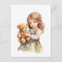 Cute Girl Teddy Bear Watercolor Illustration