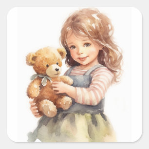 Cute Girl Teddy Bear Watercolor Illustration Square Sticker