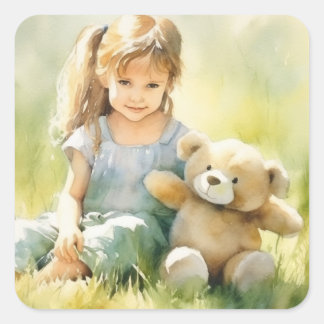 Cute Girl Teddy Bear Watercolor Illustration Square Sticker