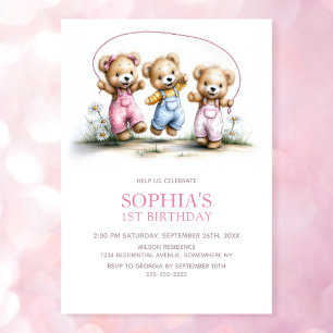 Cute Girl Teddy Bears 1st Birthday Party Invitation