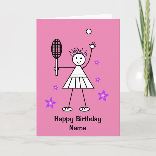 Cute Girl Tennis Player Pink Birthday Card (Front)