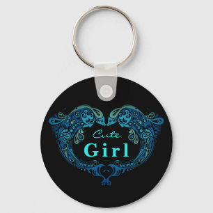 Cute Girl Turquoise Dolphins Heart Keychain