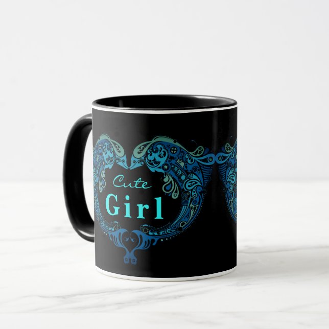 Cute Girl Turquoise Dolphins Heart Mug (Front Left)