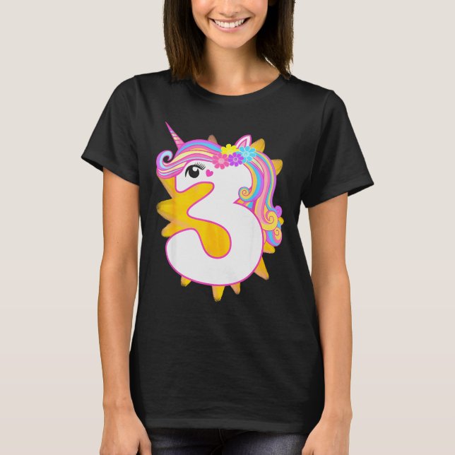 Cute Girl Unicorn 3rd Birthday Party Three Years O T-Shirt (Front)