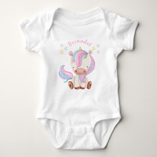 Cute Girl Unicorn and Stars Baby Bodysuit (Front)