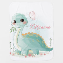 Cute Girl Watercolor Baby Dinosaur Blanket 