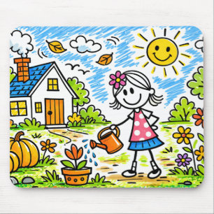 Cute Girl Watering Flowers Mouse Pad