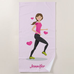 Cute Girl Who Loves To Run Illustration & Name Beach Towel
