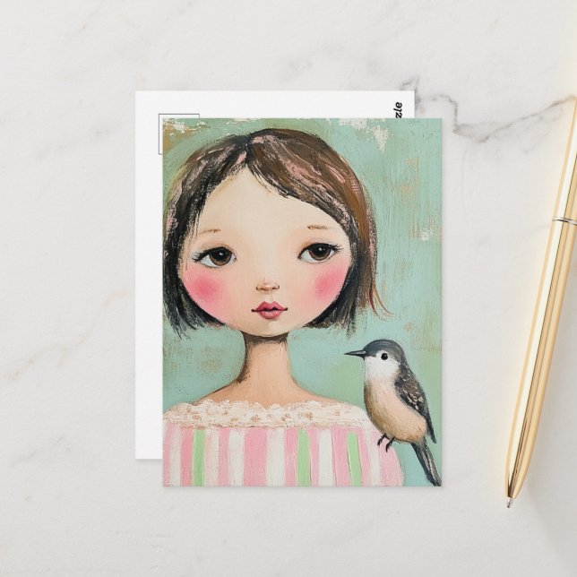 Cute Girl With a Bird on Her Shoulder Postcard (Front/Back In Situ)