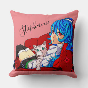 Cute Girl With A Cat Personalised Cushion