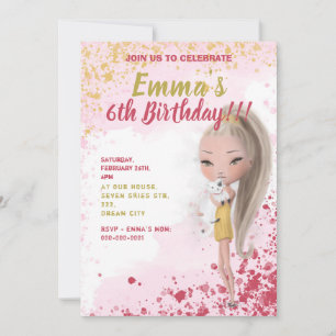 Cute girl with a cat watercolor kid's invitation