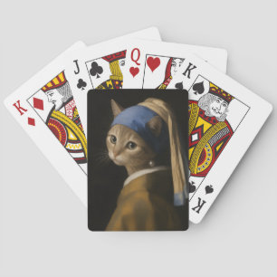 Cute Girl With a Pearl Earring Cat Art Playing Cards