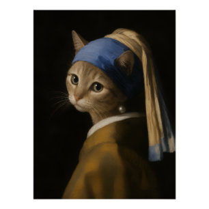 Cute Girl With a Pearl Earring Cat Art Poster