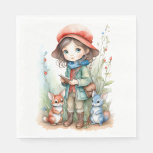 Cute Girl with Animal Friends in Woods Napkin
