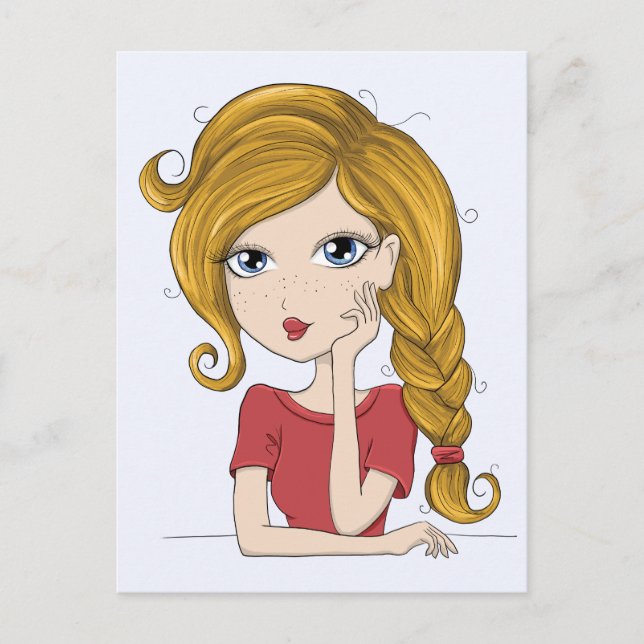 Cute Girl with Blonde Braid Graphic Illustration Postcard (Front)