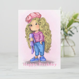 Cute Girl with Bunny Toy Birthday Card