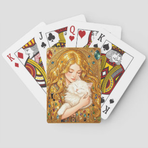 Cute Girl With Cat Art Nouveau Gustav Klimt Style Playing Cards