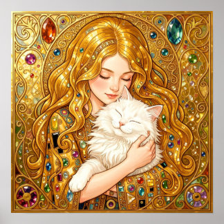 Cute Girl With Cat Art Nouveau Gustav Klimt Style Poster