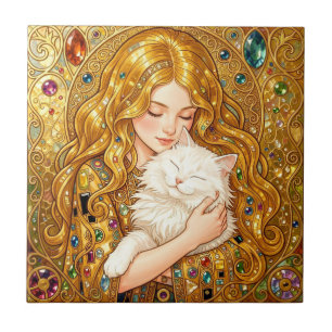 Cute Girl With Cat Art Nouveau Gustav Klimt Style Tile