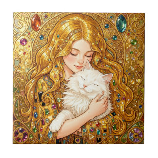 Cute Girl With Cat Art Nouveau Gustav Klimt Style  Tile