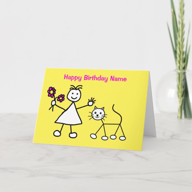 Cute Girl with Cat Birthday Card (Front)