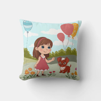 Cute Girl with Dog & Balloons  Cushion